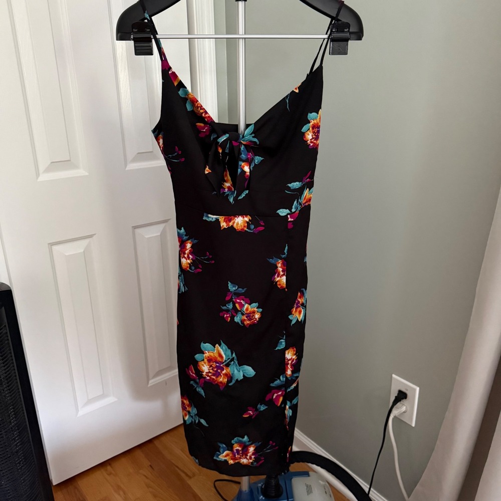 One Clothing Floral Tie Front Midi Dress Black Sleeveless Bodycon Size M